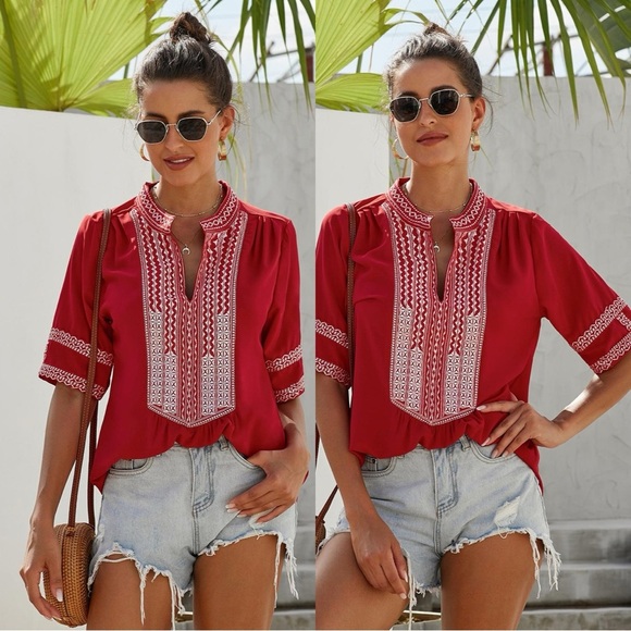 Liesl Women Casual Tops V Neck Short Sleeve Boho Print Shirts Summer Blouses Red - Picture 1 of 14